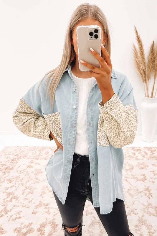 Low Prices Raelynn Denim Shacket Light Blue Leopard