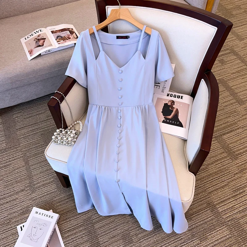 Exclusive Deal (3XL-8XL) Plus Size Pastel Blue Buttons V Neck Midi Dress (Extra Big Size)