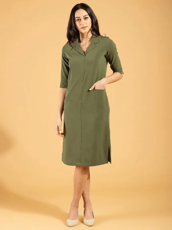 Big Discounts Front Pocket Lapel Dress - Moss Green