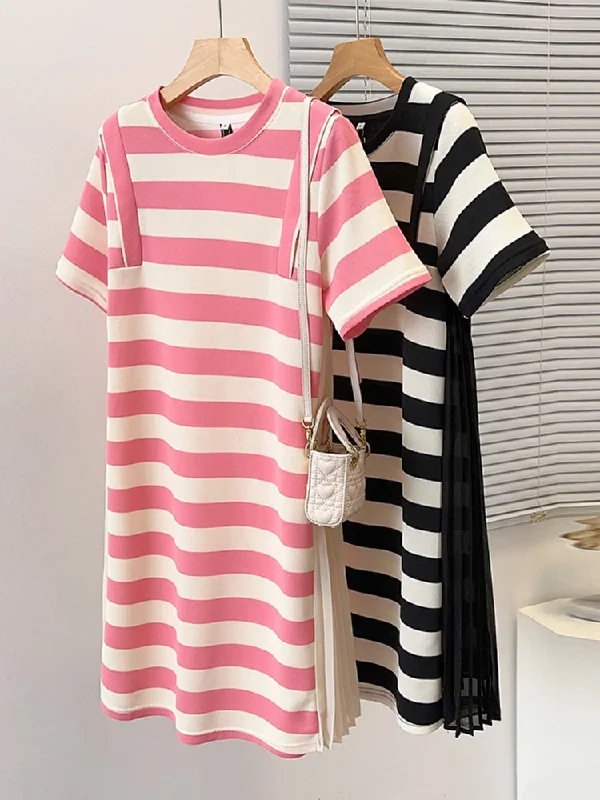 Price Rollback Plus Size Korean Stripes Pleat Side Shift Dress