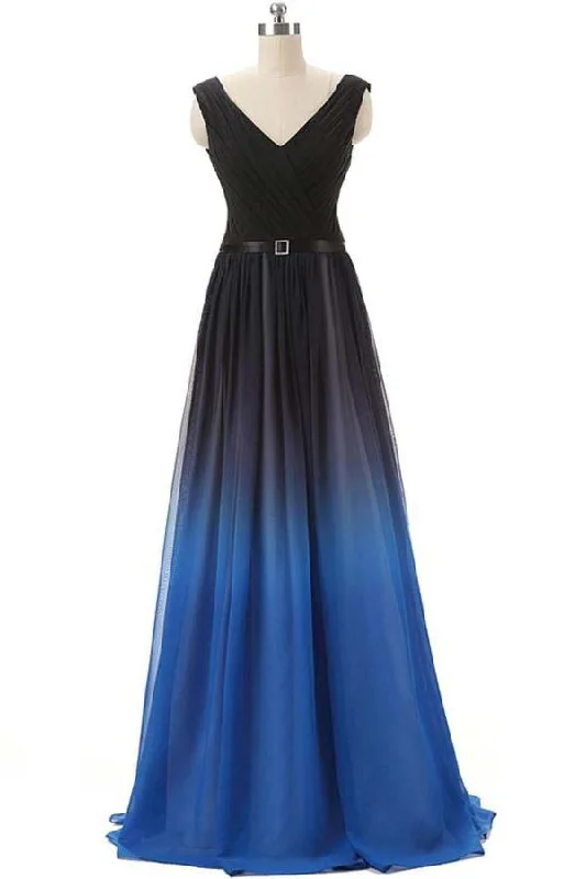 New Deals A Line Black and Royal Blue Gradient Ombre Chiffon Long Prom Dresses