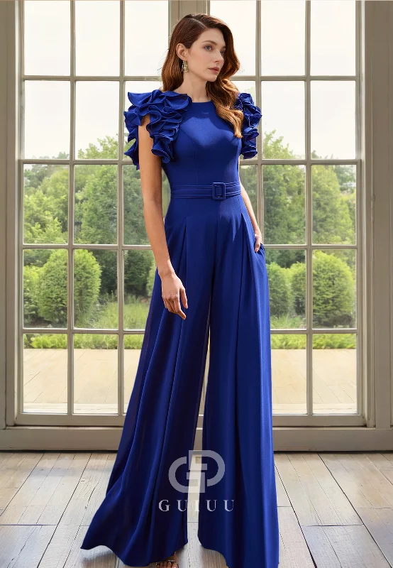 Bonus Savings Jumpsuit High Scoop Neck Sleeveless Rufffles Pleated Mother of Bride Dress