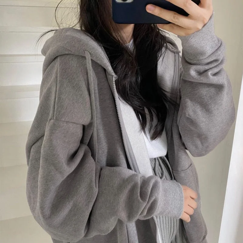 Today’s Deal Harajuku Korean Version Hooded Sweatshirts Women Winter Solid Zip Up Loose Jacket Coats Vintage Long Sleeve Oversized Hoodies