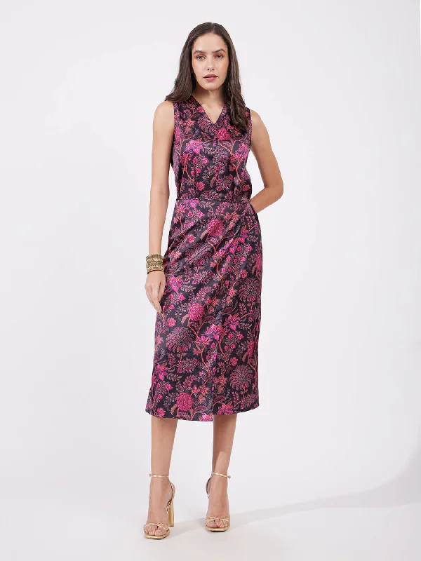 Massive Deals Satin Waist Wrap Dress - Pink And Black