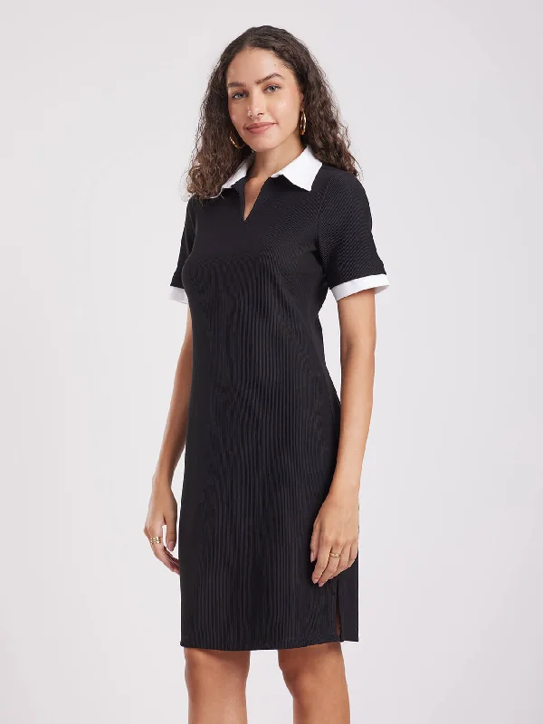 Discount Deals Contrast Collar Rib Knit Dress - Black And White