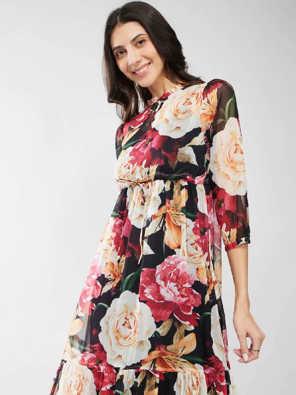 Bonus Savings Chiffon Floral Print Dress - Black And Multicolour