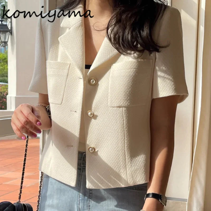 Early Bird Discount Znbbw Notched Collar Tweed Jackets Exquisite Single-breasted Chaqueta Mujer Short-sleeved Jaquetas Summer Spring Coats