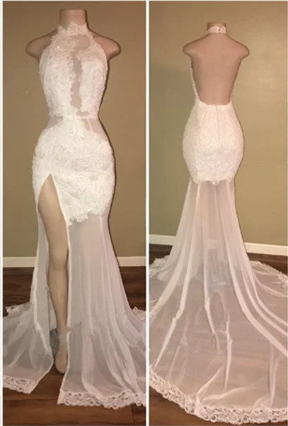 Don't Wait Elegant White Lace Halter Prom Party GownsMermaid Backless Party Dress With Slit Don't Wait Elegant White Lace Halter Prom Party GownsMermaid Backless Party Dress With Slit