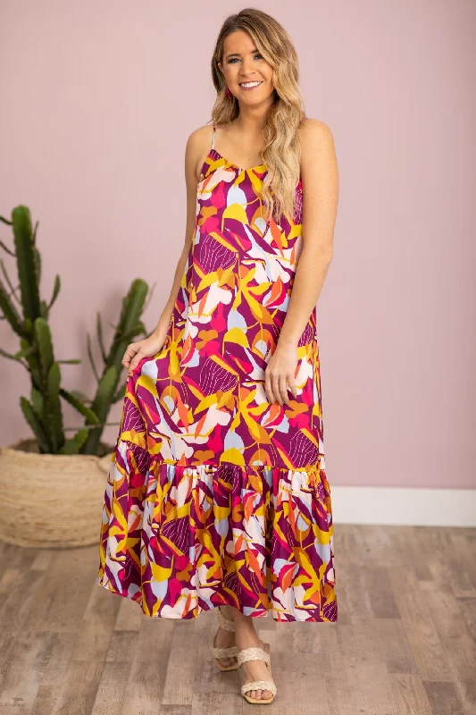 Limited Time Offer Raspberry and Yellow Tropical Print Maxi Dress