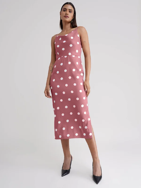Price Reduction Polka Dot Cowl Neck Dress - Dusty Pink