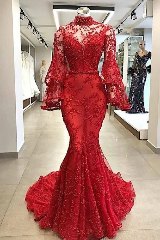 Discount Extravaganza High Neck Long Sleevess Mermaid Beading Applique Chapel Train Prom Party Gowns