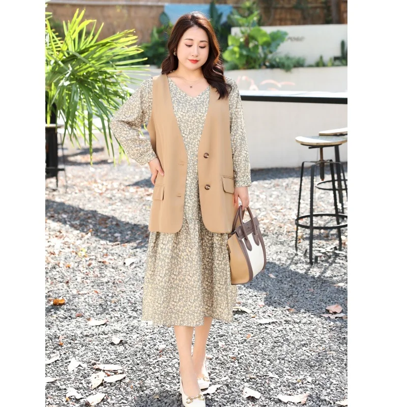 Price Cut (4XL-8XL) Plus Size Khaki Vest And Ditsy Floral Long Sleeve Dress Set (Extra Big Size)