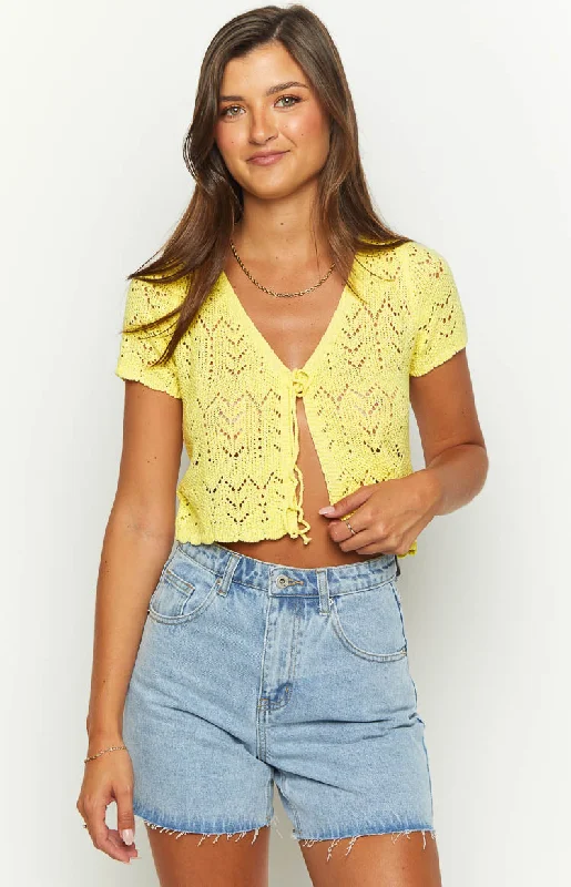 Price Rollback Dahlia Yellow Front Tie Cardigan