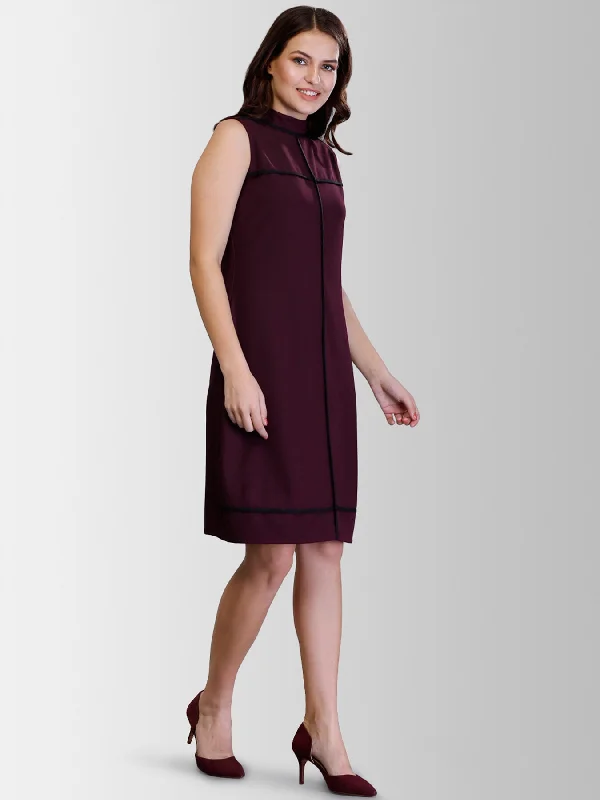 Early Access High Neck Piping Detail Shift Dress - Maroon