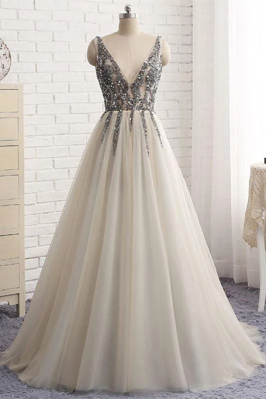 Best Deals Sexy Deep V-Neck Sleeveless Tulle Prom Dresses with Sequins N419