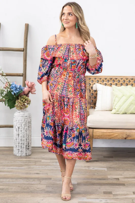 Doorbuster Deal Navy Mix Off The Shoulder Midi Dress