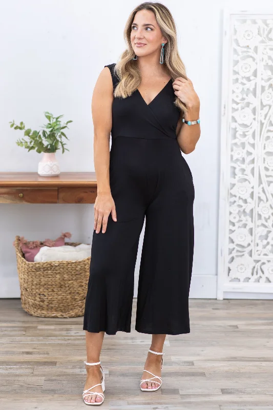 Discount Days Black Surplice Neckline Sleeveless Jumpsuit