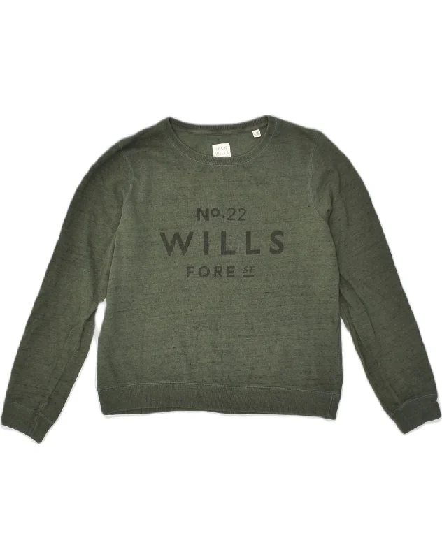 Closeout JACK WILLS Womens Graphic Sweatshirt Jumper UK 14 Large  Khaki Cotton