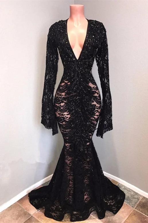 Great Bargains Sexy Long Sleeves Black Mermaid Prom Dress Lace V-neck Long