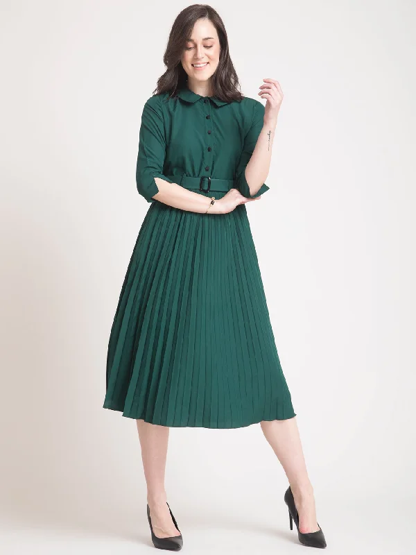 Discount Days Peter Pan Collar Pleated A Line Dress - Green