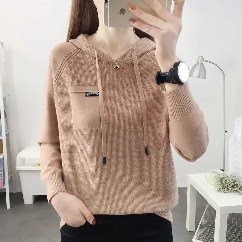 Today Only Znbbw Pullover Sweater 2024 New Thin Knitwear Hooded Sweater Loose Long Sleeve Solid Pullover Sweater Coat Undercoat Women Top