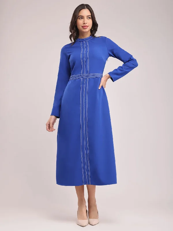 Buy Now Round Neck Contrast Stitch Dress - Royal Blue