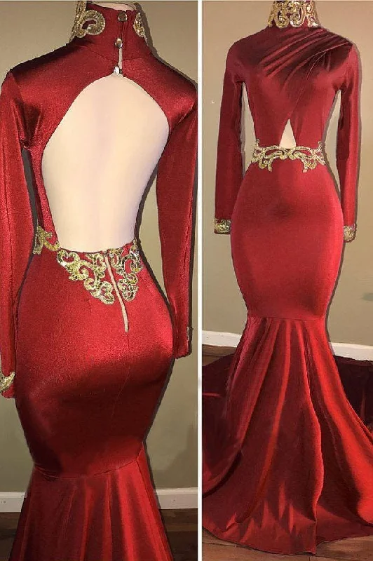 Price Drop Long Sleevess High Neck Hollow Back Mermaid Prom Dresses