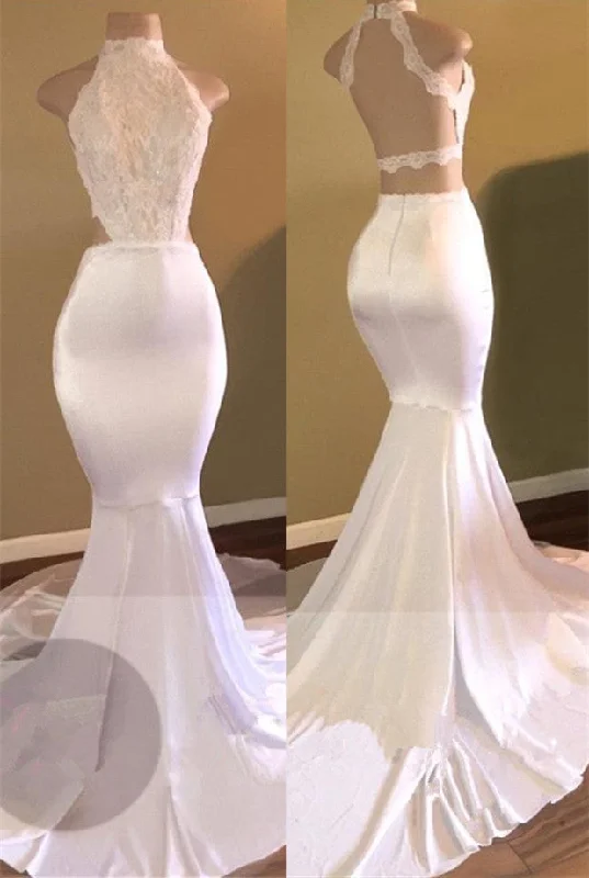 Inventory Reduction Trendy White Mermaid High-Neck Sleeveless Prom Party Gowns