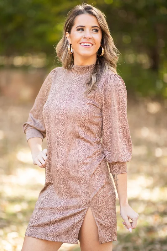 Sneak Peek Sale Brown Animal Print Dress With Side Slit