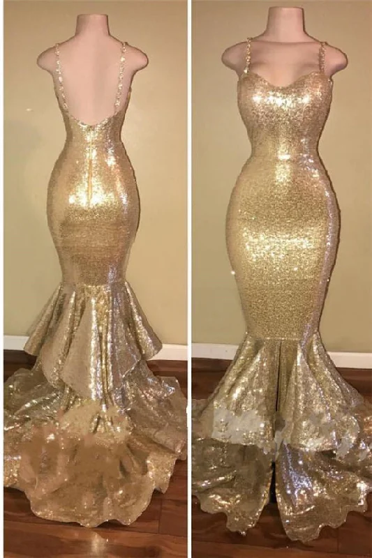 YEAR-End Clearance Shiny Sequins Mermaid Spaghettis-Straps Layers-Train Gold Prom Dresses