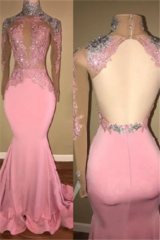 Fantastic Offers Gorgeous High-Neck Backless Pink Prom Party GownsMermaid With Lace Appliques