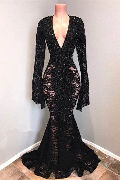 Deal Zone Chic Black Lace V-neck Long Sleevess Mermaid Prom Dresses Sheer Floor Length Evening Gowns Deal Zone Chic Black Lace V-neck Long Sleevess Mermaid Prom Dresses Sheer Floor Length Evening Gowns