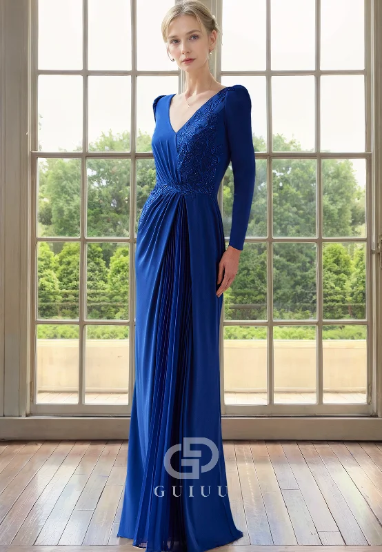 Grand Opening Sale Sheath V Neck Long Sleeves Pleated Lace Appliques Long Mother of Bride Dress Grand Opening Sale Sheath V Neck Long Sleeves Pleated Lace Appliques Long Mother of Bride Dress