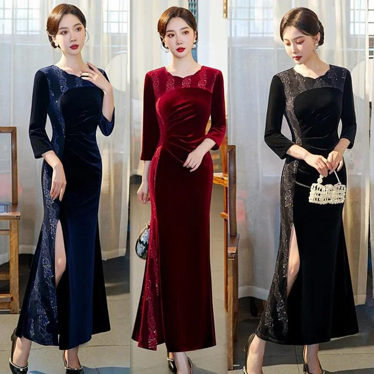 Weekend Special (S-5Xl) Plus Size Lace Pattern Velvet Maxi Dress For Wedding / Performance Weekend Special (S-5Xl) Plus Size Lace Pattern Velvet Maxi Dress For Wedding / Performance