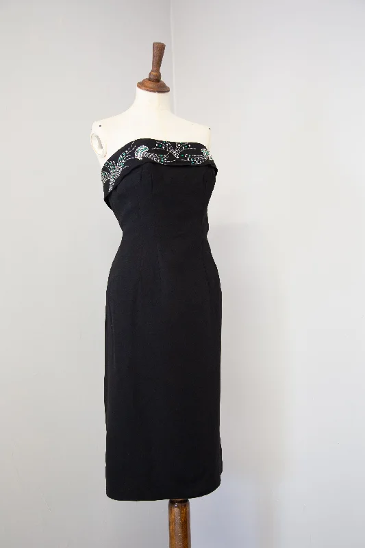 Bargain Prices Vintage 1950s Black Strapless Rhinestone Wiggle Dress
