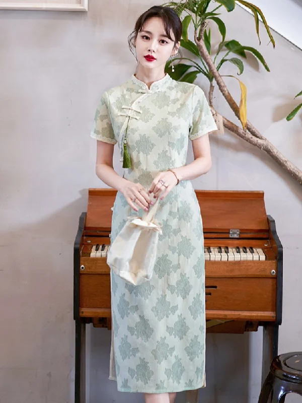 Don’t Miss Out Plus Size Green Textured Midi Cheongsam Dress