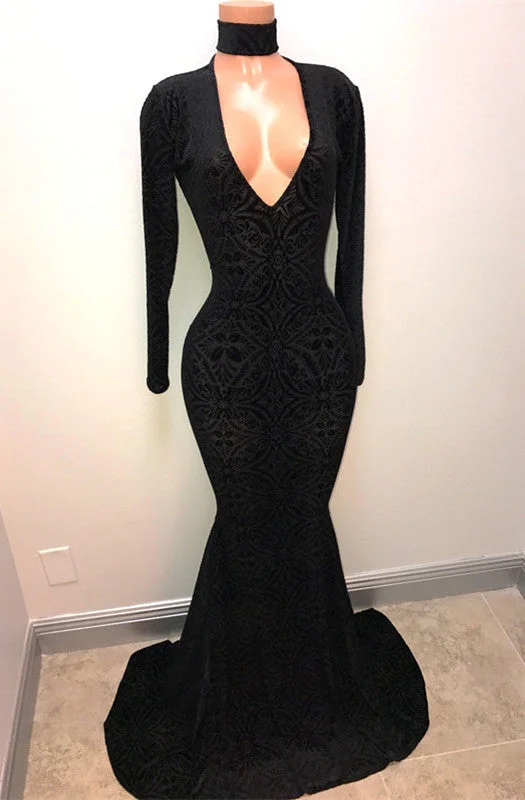 Deal Dash Black Lace V-Neck Prom Party Gowns| Mermaid Long-Sleeve Evening Gowns