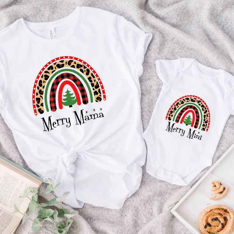 Crazy Savings Merry Mama & Mini Christmas Rainbow Matching White T-Shirt & Bodysuit