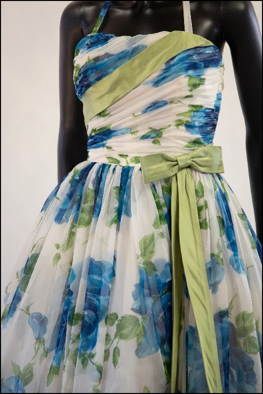 Special Promotion Vintage 1950s Blue Rose Ballgown Dress