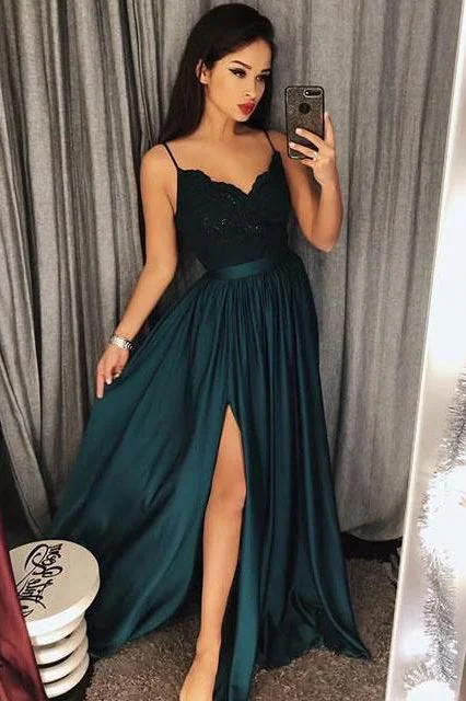Act Fast Spaghetti Straps Lace Prom Dress With High Split Evening Gowns N757