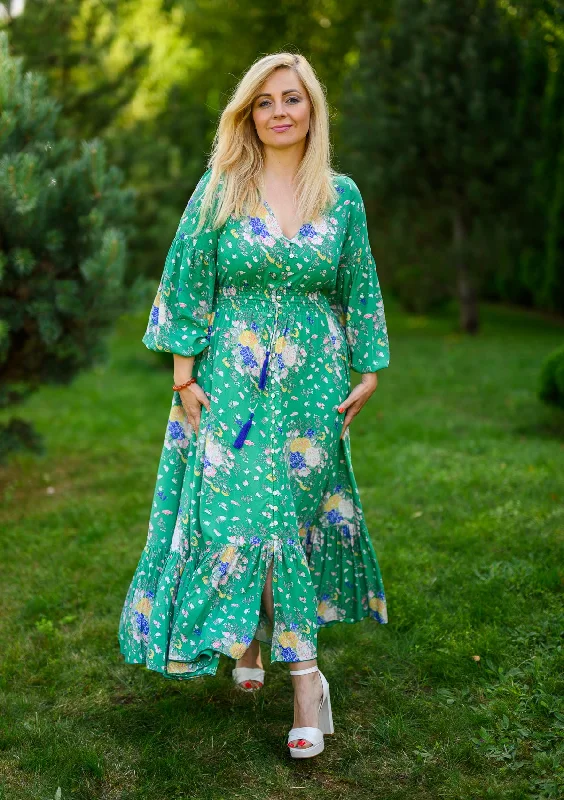 Major Savings Simona Green Flowers Garden Dress