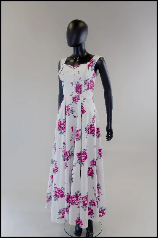 New Markdowns Vintage 1950s White Floral Rose Cotton Maxi Dress