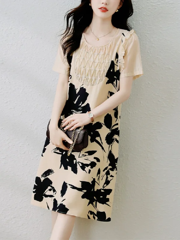Huge Discounts Plus Size Cream Flower Shift Dress