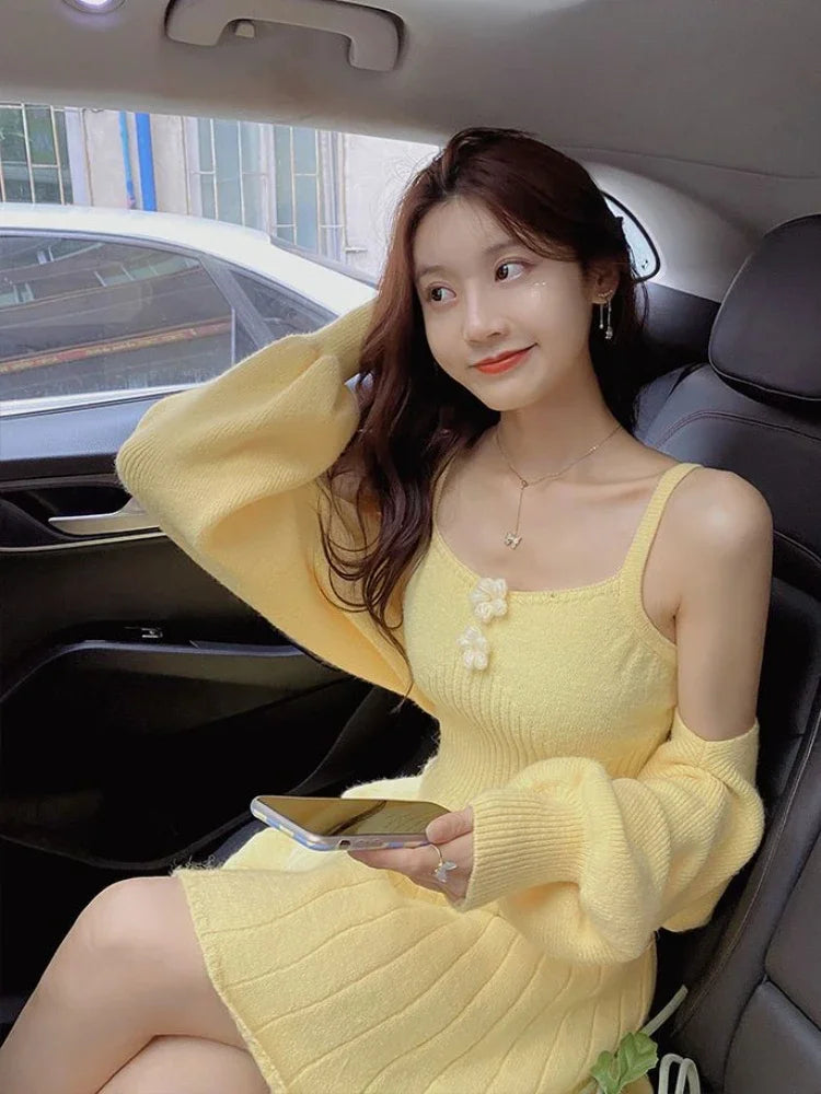Exclusive Online Offer Znbbw Winter Sweet Knitted Two Piece Dress Set Women Casual Coat+Strap Dress Set Female Korean Style Solid Slim Chic Dress Suit