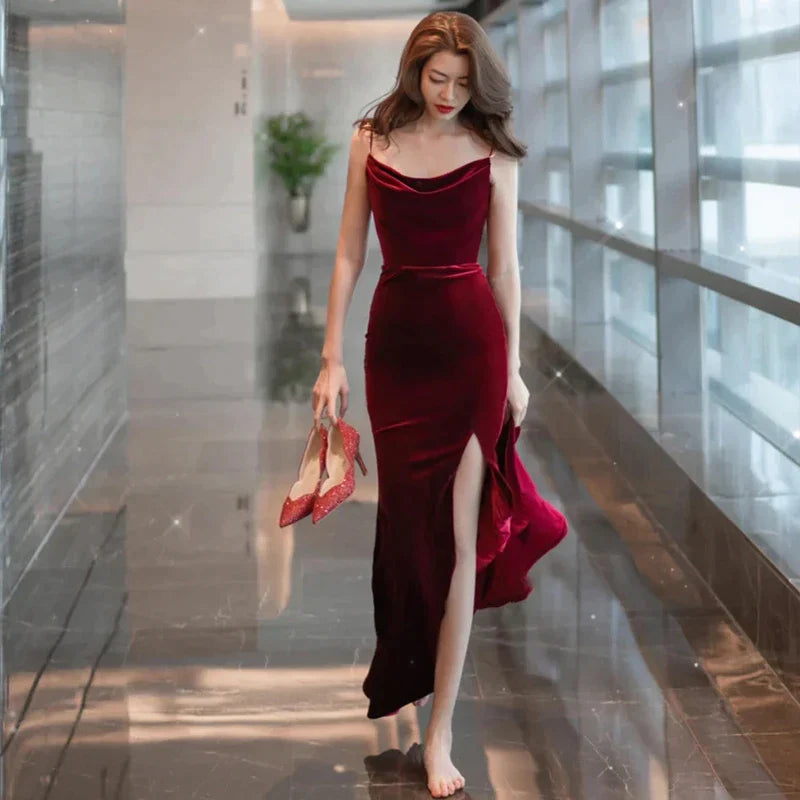 Final Clearance Burgundy Velvet Sexy Mermaid Slit Long Evening Dress, Backless Prom Dress Party Dress
