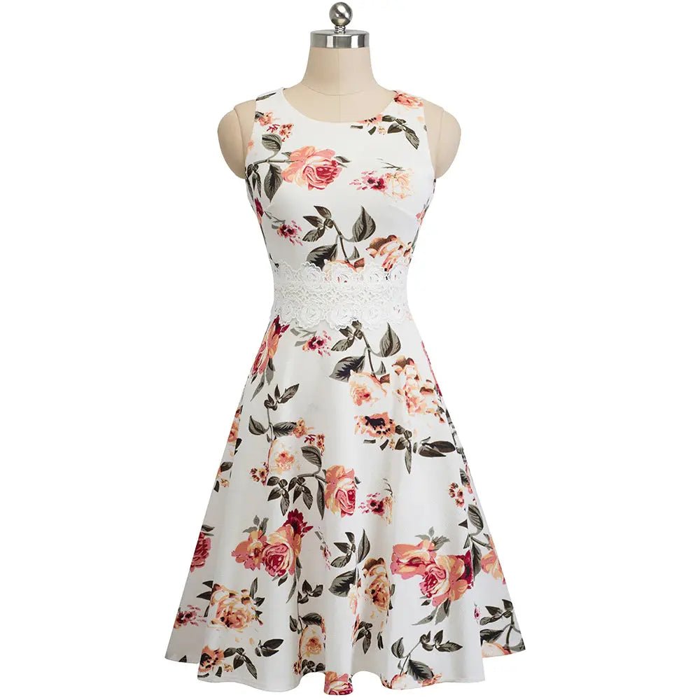 Special Savings Vintage White Elegant Floral Swing Dress