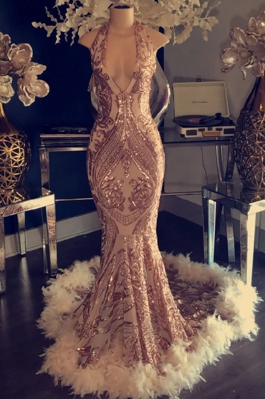 Crazy Deals Sexy V-neck Halter Mermaid Prom Dress Gold Sequins Long Backless
