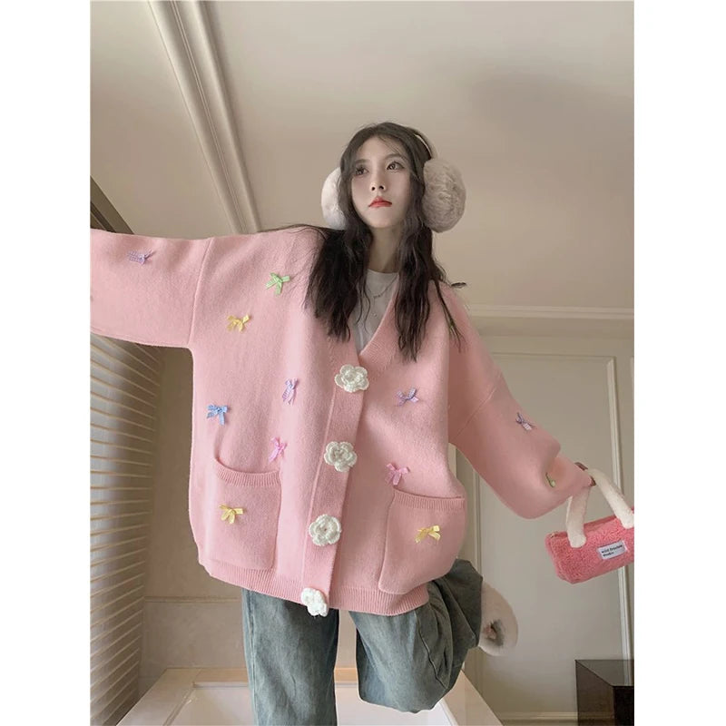Price Break Znbbw 3D Flowers Knitted Cardigan Women Kawaii Bow V Neck Sweater Coat Korean Cute Oversized Knitwear Streetwear Casual Jumper Price Break Znbbw 3D Flowers Knitted Cardigan Women Kawaii Bow V Neck Sweater Coat Korean Cute Oversized Knitwear Streetwear Casual Jumper