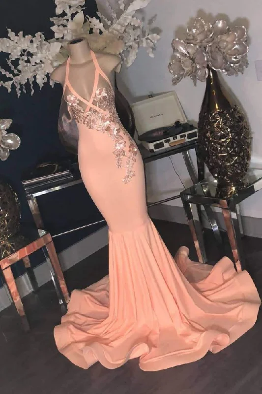 Can't Miss Pink Floral Appliques V-neck Halter Floor Length Mermaid Prom Gowns