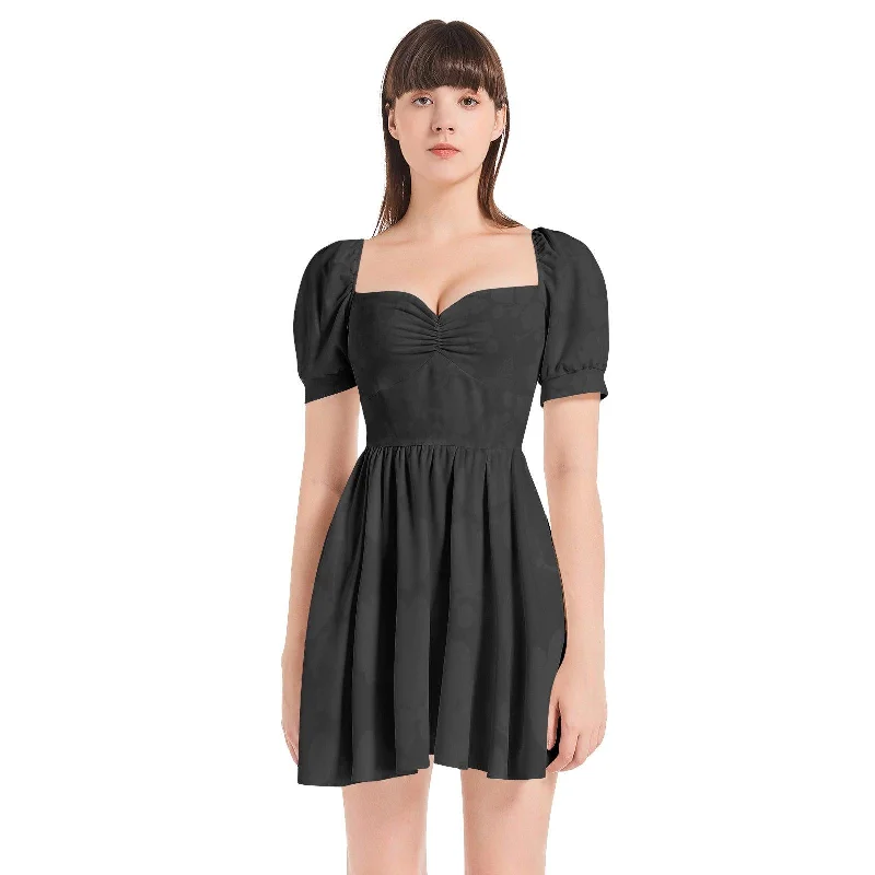 Limited Time Offer Floral Puff Sleeve Sweetheart Neck Short Dress - Black
